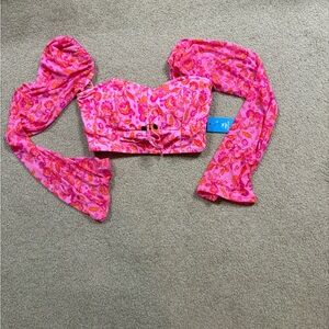 Cupshe Pink Floral Bikini Top with removable sheer sleeves